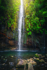 Famous 25 Fontes Waterfall in the green forest, Madeira Island