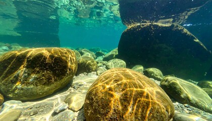 Underwater riverbed scene with rocks and clear water.