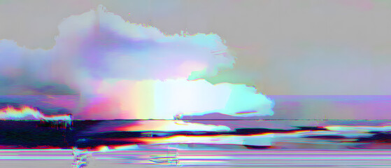 Abstract glitch digital art landscape background ocean horizon rainbow panorama Abstract glitch digital art landscape background with ocean horizon and rainbow light effect creating dreamy