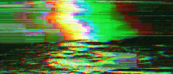 Glitch art abstract background vibrant color distortion digital landscape panorama pixel line noise surreal wave pattern mood