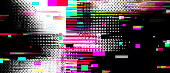 Glitch art background, digital panorama pattern with pixel noise and vibrant color block, abstract cyberpunk texture and dynamic screen distortion effect