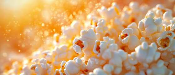 Golden, crispy popcorn kernels create a festive and cosy atmosphere — the perfect backdrop for advertising cinemas or entertainment events.