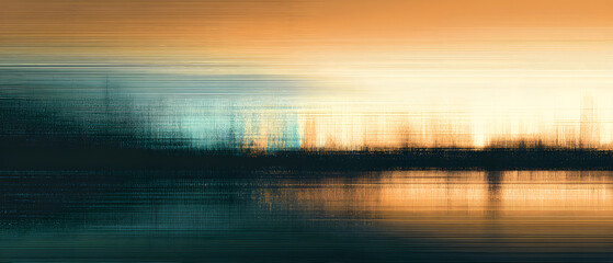 Abstract landscape digital glitch distortion sunrise lake reflection horizon motion blur orange sky blue light minimalist art serene abstract landscape digital glitch distortion sunrise lake