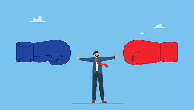 Businessman leader stand in the middle to stop conflicted boxing glove fighting. Conflict management, leadership skill to compromise and solving argument problem, negotiation or stop fighting.
