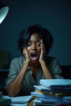 Mujer afroamericana con exceso de trabajo y expresi&oacute;n cansada por la noche