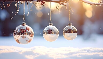 Christmas Ornaments Hanging from Tree Branch.