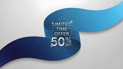 Generate an elegant blue gradient ribbon waving diagonally across a minimalist gray backdrop, featuring "LIMITED TIME OFFER 50% OFF" in metallic silver elegant script font stacked vertically, starry 