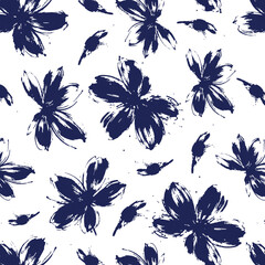 Brush flower vector seamless pattern. Hand drawn botanical ink illustration with floral motif. Camomile or daisy painted by brush. Hand drawn painting for your fabric, wrapping paper, wallpaper design