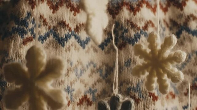 Cozy knitted snowflake Christmas ornaments strung against a fair isle pattern sweater background