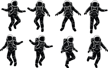 Seven Astronauts Floating in Space with Different Poses Black and White Line zero gravity © Mokarrm Art