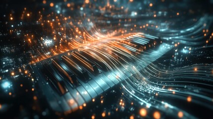 An AI composer, represented by a futuristic, non-humanoid instrument with glowing keys and strings, playing itself to create a visible symphony of light and sound waves, abstract and beautiful. 