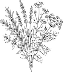 Obraz premium Black and white illustration of a bouquet of wildflowers and foliage.