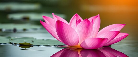 A beautiful pink lotus blossom unfurls its delicate petals, floating serenely on calm water, symbolizing purity and grace,  growth,  elegance