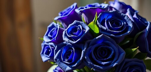 A bouquet of deep sapphire blue roses, artistically arranged, symbolizing mystery and dreams in a gentle light,  tranquil,  elegant
