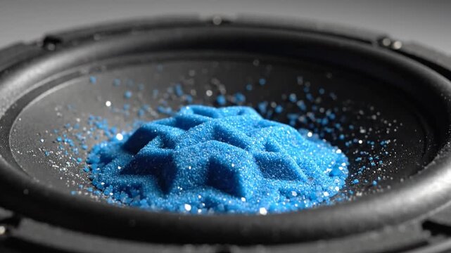 Blue sand poured into speaker forming star pattern audio science experiments and sound visualization