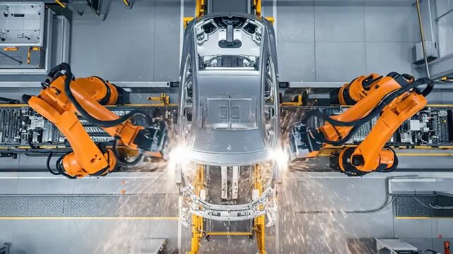 Automated robots welding a car frame with precision in a modern manufacturing facility.