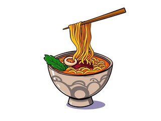 A charming doodle of a steaming bowl of ramen with chopsticks poised above, showcasing playful linework and vibrant colors ,  ramen,  doodle