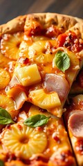 A cheesy slice of Hawaiian pizza with pineapple and ham,  gourmet,  meal