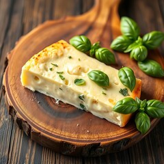 A cheesy slice on a rustic board with fresh basil toppings,  food presentation,  cheese