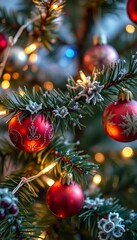 A close-up of a Christmas tree branch with delicate ornaments and twinkling lights, highlighting intricate details,  macro,  texture