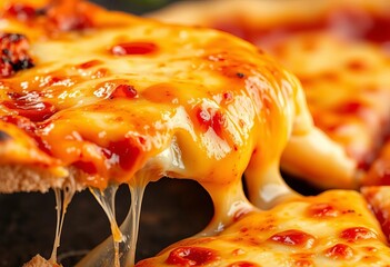 A close-up shot highlighting the gooey, melted cheese pull of a hot pizza slice,  texture,  meal