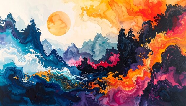 Vibrant Abstract Mountain Landscape Painting. - Powered by Adobe