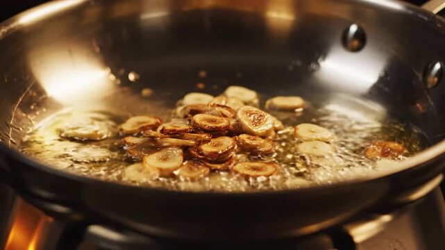Sizzling garlic slices in hot oil cooking in a stainless steel pan creating a savory aroma