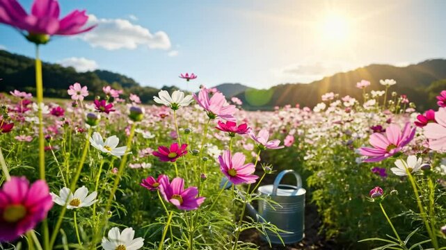 Beautiful cosmos flowers field in full bloom with a watering can under a bright summer sun on a clear day