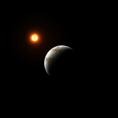 A lone planet orbiting a distant, glowing star in the blackness of space,  distant,  dark