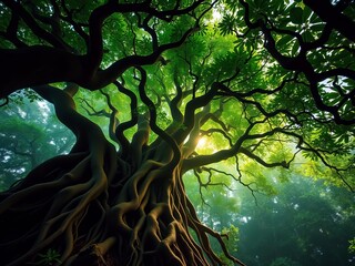 Ancient forest mind, roots forming neural network, vibrant green canopy enlightenment,  nature,  ancient