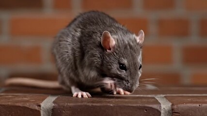 A gray rodent with a long tail sits on a brick surface