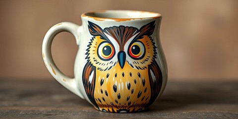 An irregularly shaped, hand-painted mug featuring a startled owl design with wide, expressive eyes,  beverage,  animal