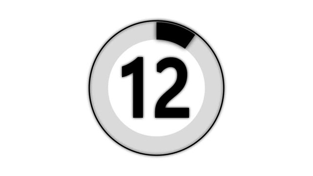 Countdown timer from 0 to 12 seconds real time. Modern flat design of countdown animation. Numerical counting from 0 to 12. Circular progress bar