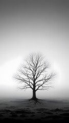 Fototapeta premium Shades of Solitude. A bare tree in a grayscale landscape, surrounded by soft gradients and quiet atmosphere.