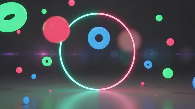 Abstract background with colorful shapes, a circular neon light, and a reflective surface.