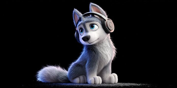 Cinematic Portrait of a Majestic Wolf with Blue Eyes and Headphones