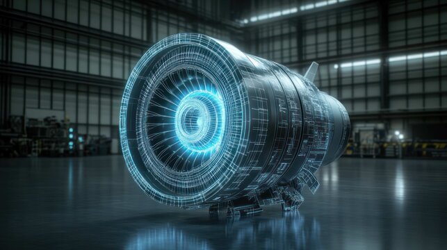 engineer's AR view of a complex jet engine, with holographic schematics, airflow visualizations, and temperature data overlaid directly onto the physical hardware in a hangar, detailed and technical. - Powered by Adobe