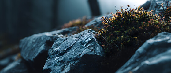Rock moss nature background, wet stone macro landscape, forest panorama mood, cold light, close focus on detail texture and calm feeling