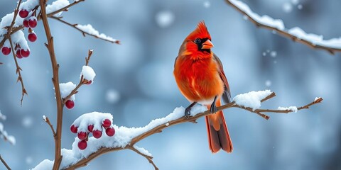 Fototapeta premium Bright red cardinal perched on a snow-covered branch in winter, cold, red