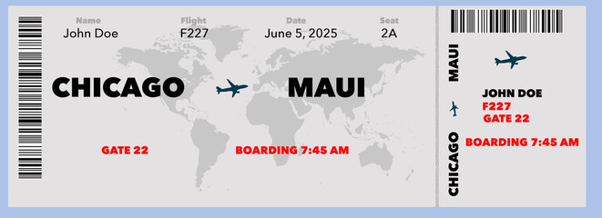 A generic paper  airline ticket for a trip to Maui from Chicago is seen in this graphic resource image.