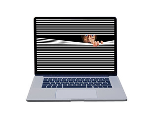 A female looks surprised as her face looks through a window blind that is on the screen of a laptop computer in this 3-d illustration about technology.