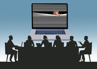 A female looks surprised as she joins an online business meeting with her colleagues that has suddenly appeared in her home  with modern technology.