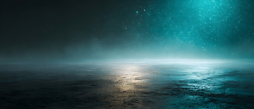Night fog texture background layered mist depth cinema bca dreamy ocean horizon under starry sky with glowing light reflection on calm water surface evoking mystery and wonder