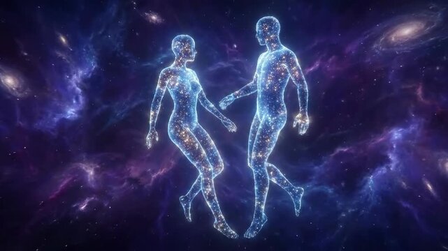 Energetic 4K Seamless Loop of Two Abstract Human Figures Meeting in Cosmic Galaxy Background