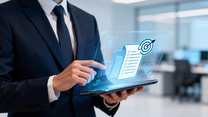 Businessman interacting with holographic interface