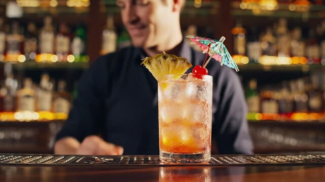 Bartender offering a colorful cocktail garnished with pineapple, cherry, and a cocktail umbrella for service at a bar