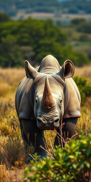Rhino, a formidable prehistoric-looking creature, standing stoically in the bush,  powerful,  thick skin