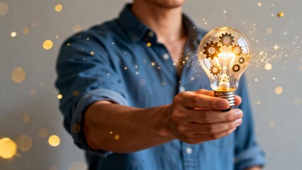 Man holding glowing light bulb with gears