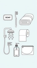 Bathroom Essentials Line Art - Soap, Toothbrush, Towel, and More.