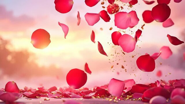 Romantic rose petals falling gently in a dreamy, soft-lit atmosphere, perfect for a celebration.